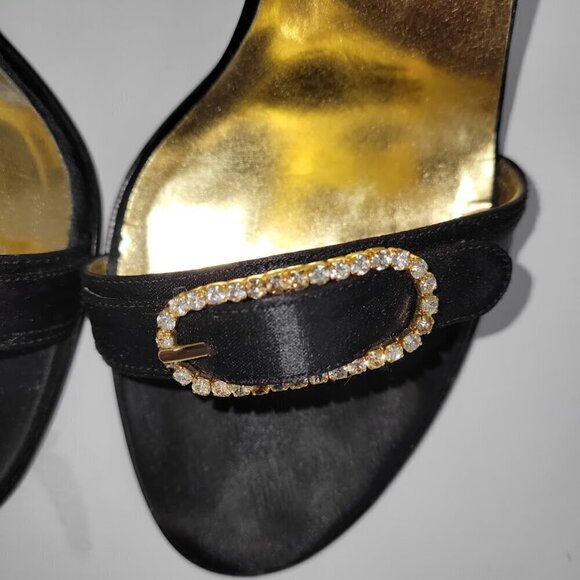 Franco Sarto L-Gabor Black Satin Open Toe Heels Gold W/Rhinestones Size 6.5 - Picture 9 of 11